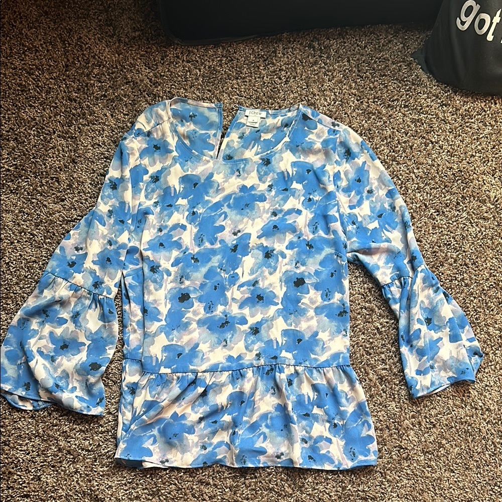 J. Crew Blue and White Peplum Blouse with Bell Sleeves